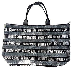Victorias Secret Large Sequin Tote Bag Black & Silver With Zip Closure